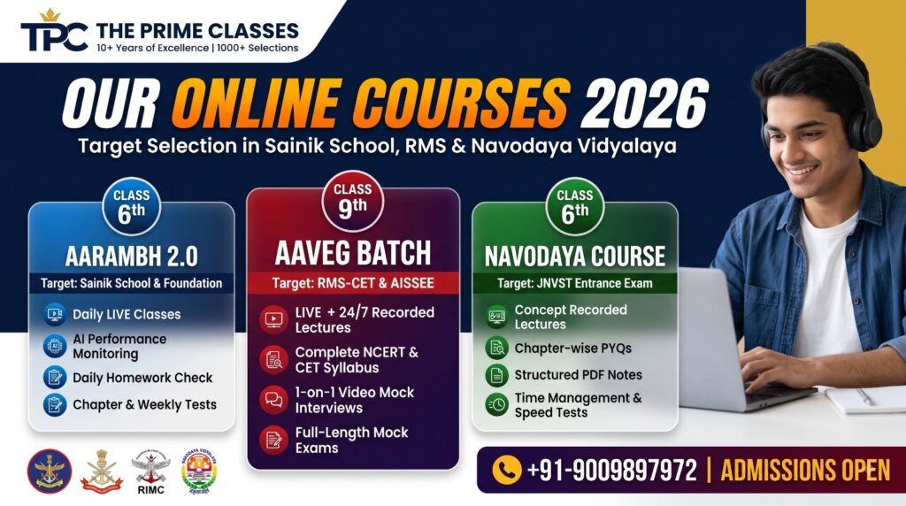 Sainik School, RMS and Navodaya Entrance Exam 2026 Online Coaching Batches Poster by The Prime Classes