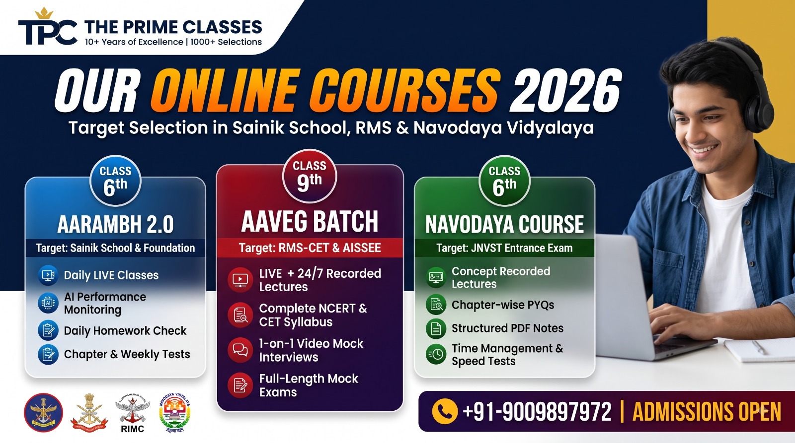 Sainik School, RMS and Navodaya Entrance Exam 2026 Online Coaching Batches Poster by The Prime Classes
