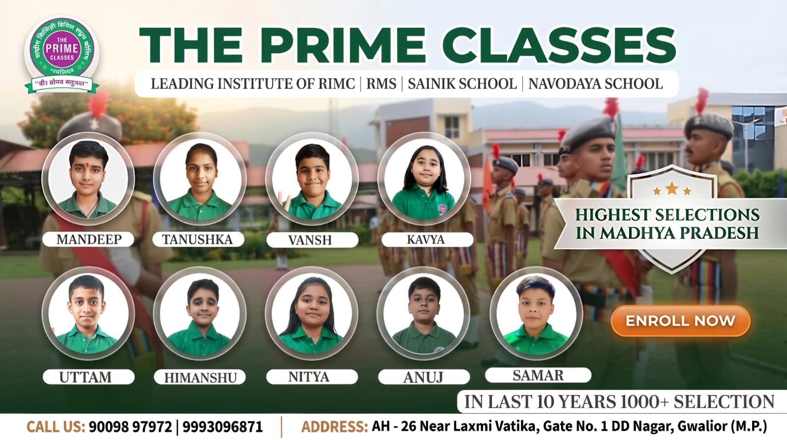 The Prime Classes Gwalior - Sainik School and RMS Exam Selection Banner